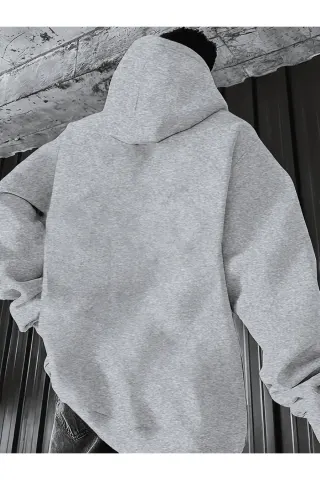 Unisex Oversize Kapüşonlu Sweatshirt Dağ Desenli - Gri - görsel 2