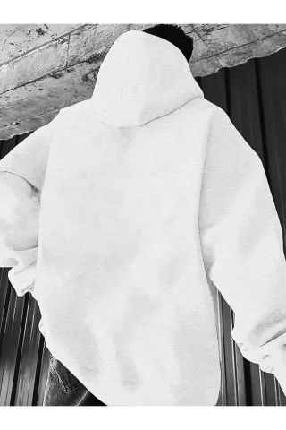 Unisex Oversize Kapüşonlu Sweatshirt Dağ Desenli - Beyaz - görsel 2