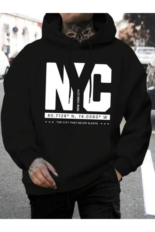 NYC Koordinat Baskılı Unisex Kapüşonlu Sweatshirt - Siyah
