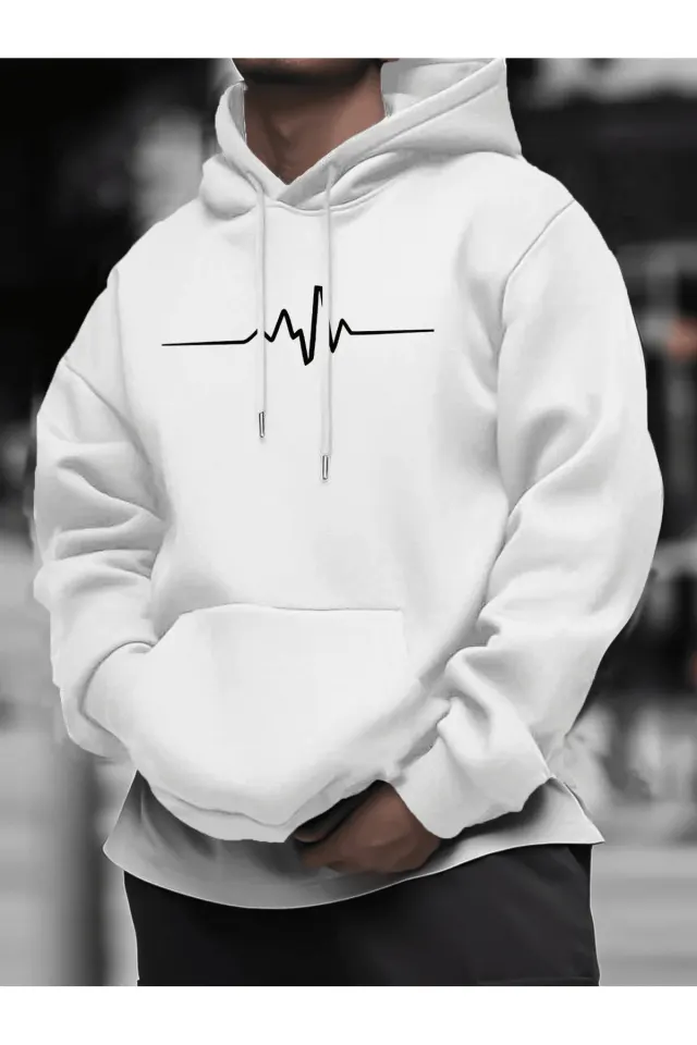 Unisex Oversize Kapüşonlu Sweatshirt Nabız Desenli - Beyaz