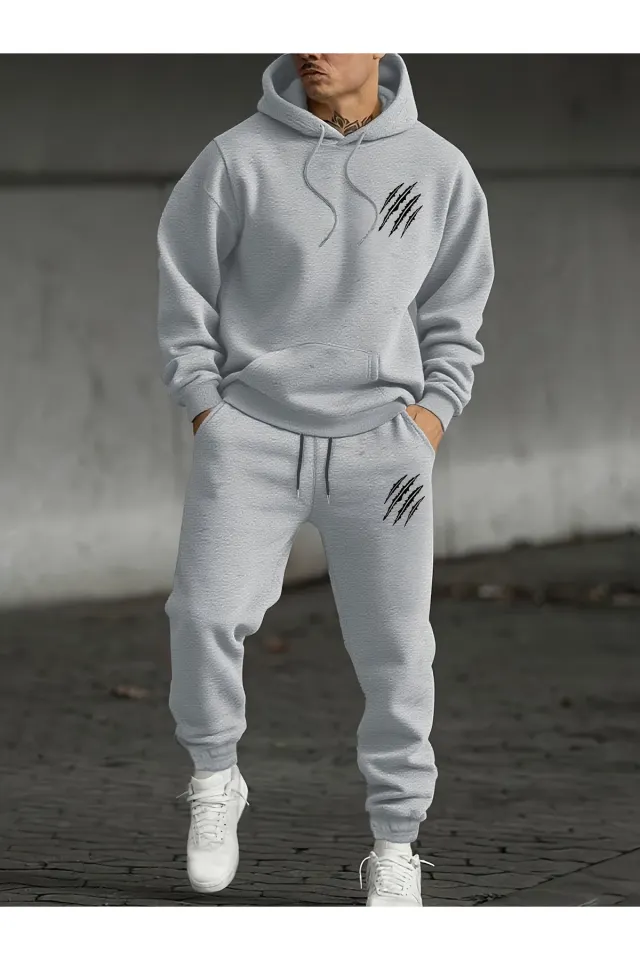Unisex Oversize Kapüşonlu Hoodie & Jogger Eşofman Altı Takımı Pençe Desenli - Gri