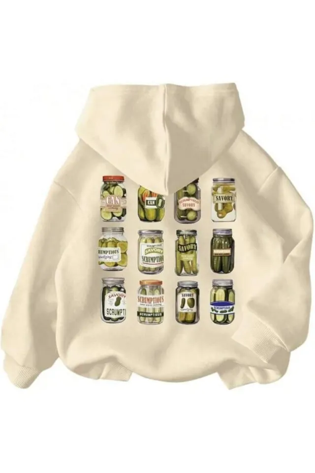 Turşu Kavanozları Baskılı Unisex Kapüşonlu Sweatshirt - Bej