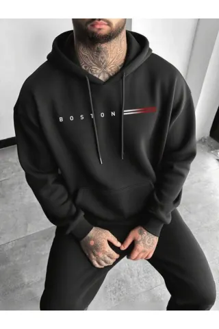 Boston Minimal Baskılı Unisex Kapüşonlu Sweatshirt - Siyah - görsel 1