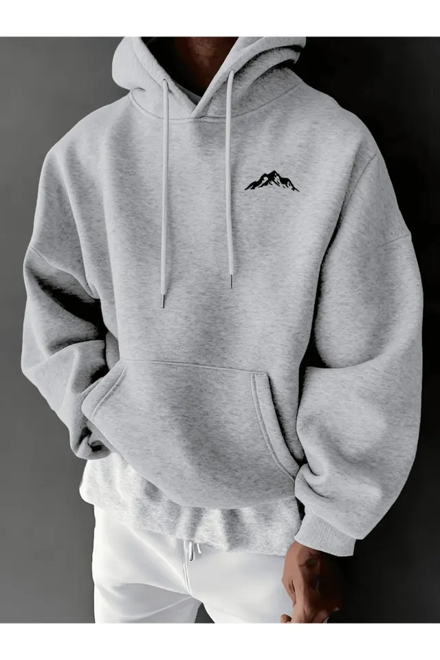 Unisex Oversize Kapüşonlu Sweatshirt Dağ Desenli - Gri