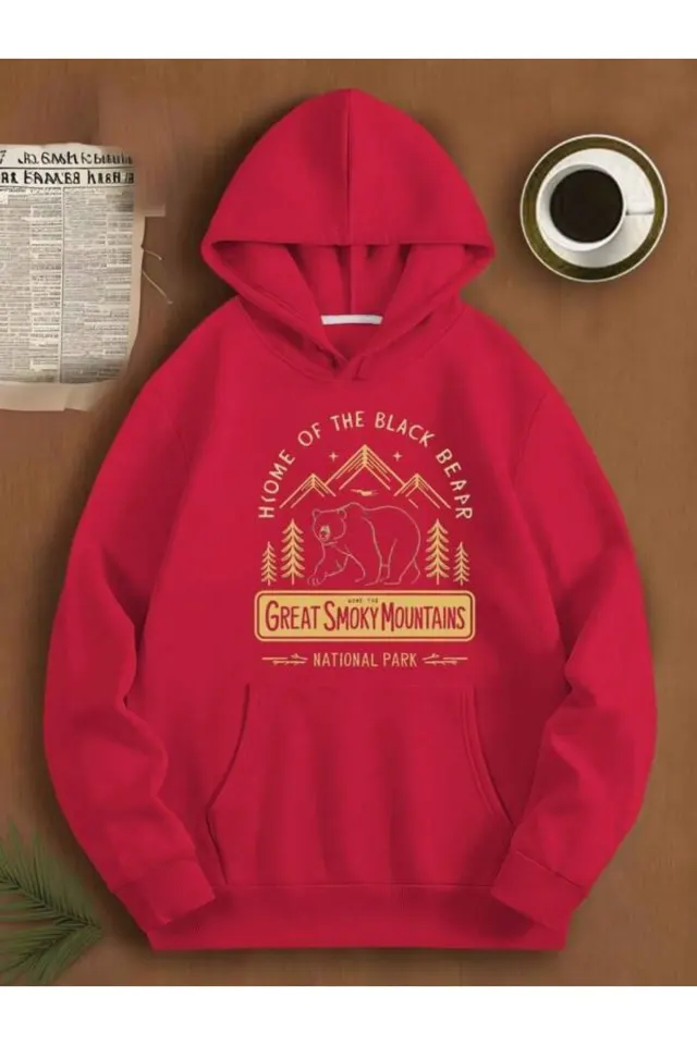Great Smoky Mountains Ayı Baskılı Unisex Kapüşonlu Sweatshirt - Kırmızı