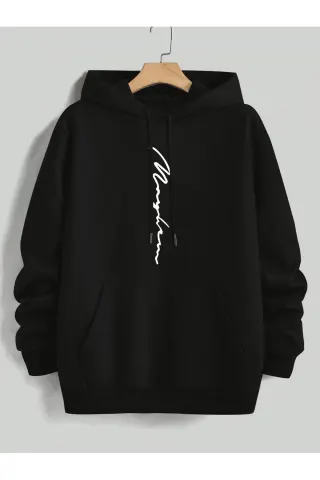 Unisex Oversize Kapüşonlu Sweatshirt Maybe Yazılı - Siyah - görsel 1