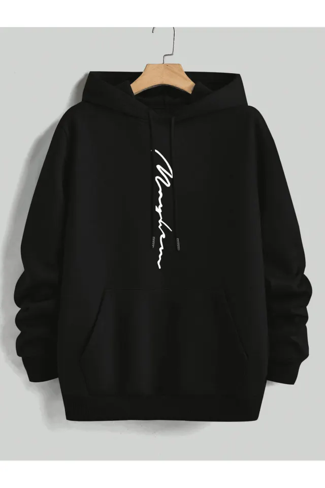 Unisex Oversize Kapüşonlu Sweatshirt Maybe Yazılı - Siyah