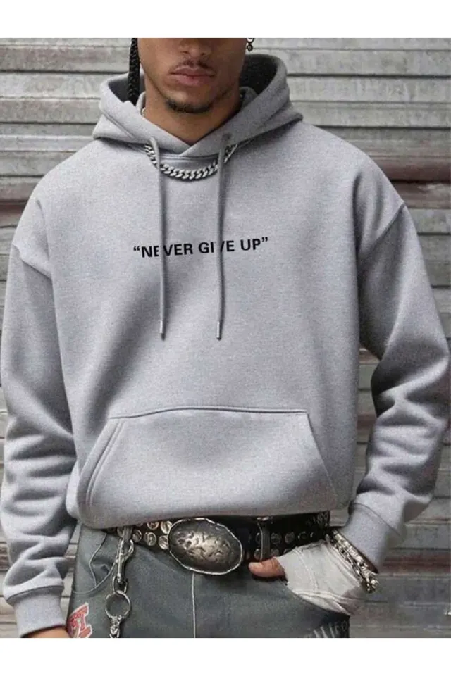 Minimal Never Give Up Baskılı Unisex Hoodie - Gri