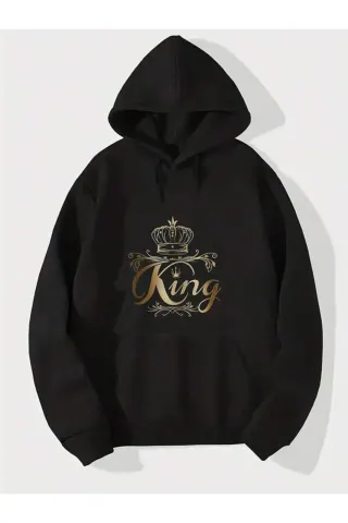 Taçlı King Baskılı Unisex Kapüşonlu Sweatshirt - Siyah - görsel 1