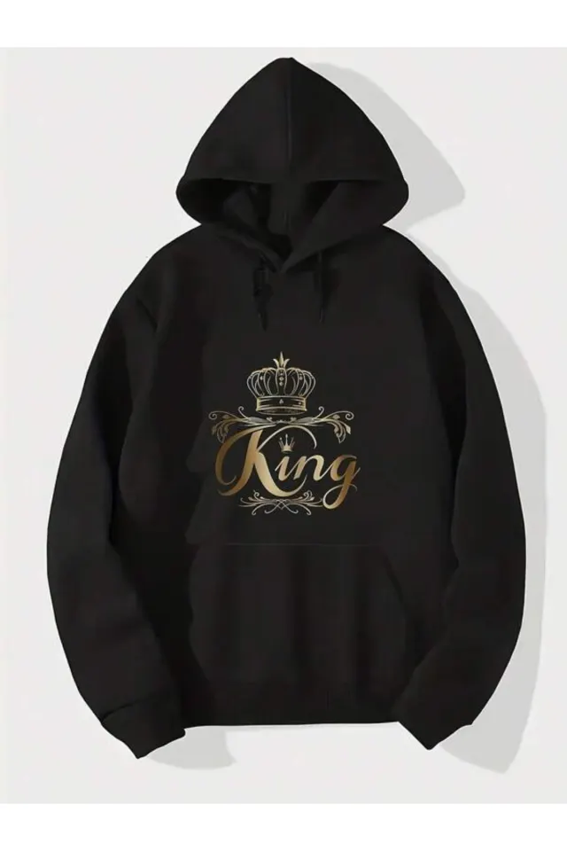 Taçlı King Baskılı Unisex Kapüşonlu Sweatshirt - Siyah