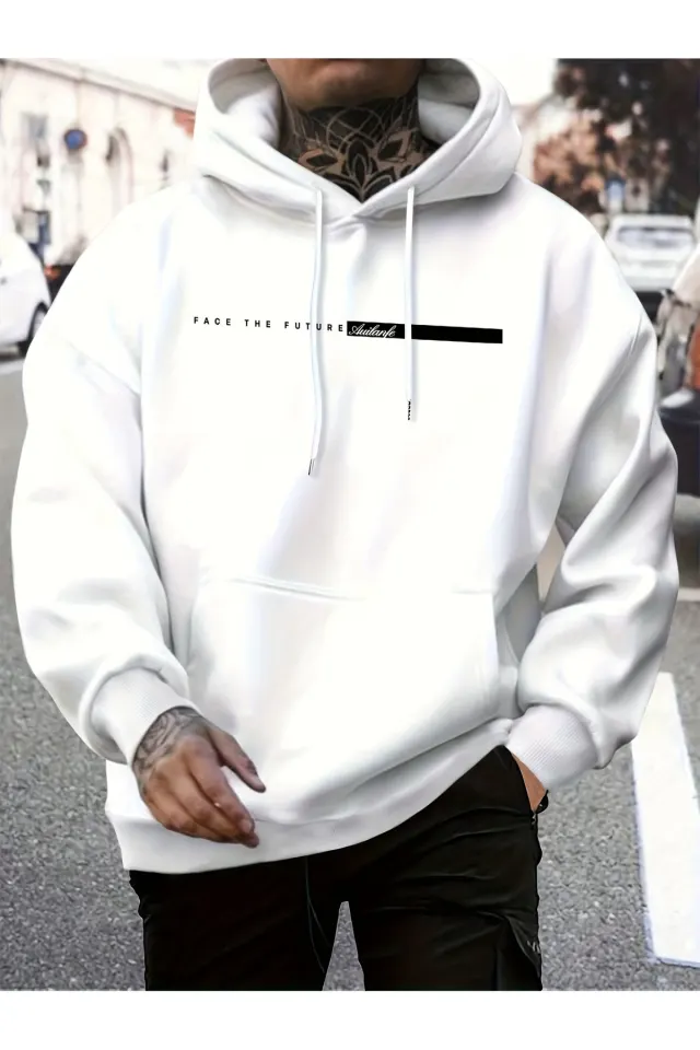 Unisex Oversize Kapüşonlu Sweatshirt Face The Future - Beyaz