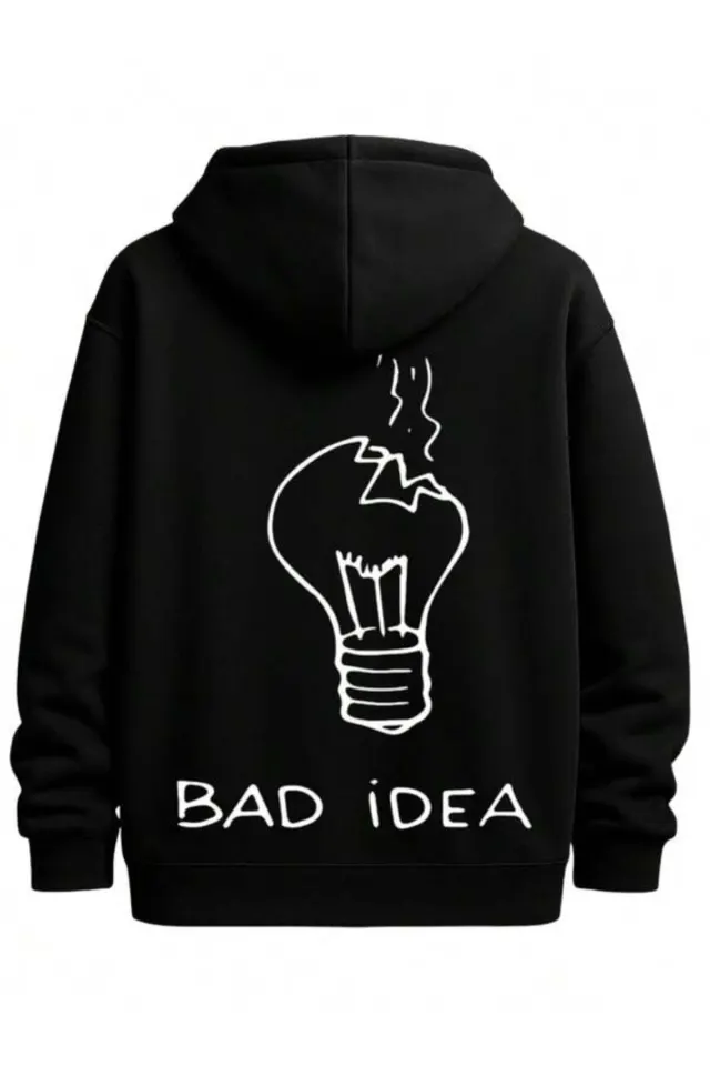 Kötü Fikir Ampul Baskılı Unisex Kapüşonlu Sweatshirt - Siyah