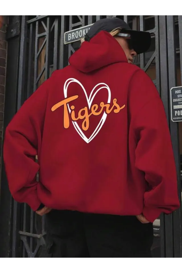 Tigers Kalp Baskılı Unisex Sweatshirt - Kırmızı