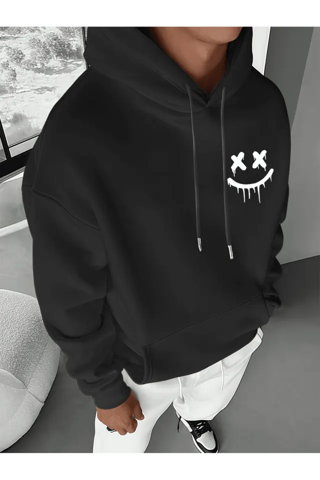 Unisex Oversize Kapüşonlu Sweatshirt Smile Face Desenli - Siyah