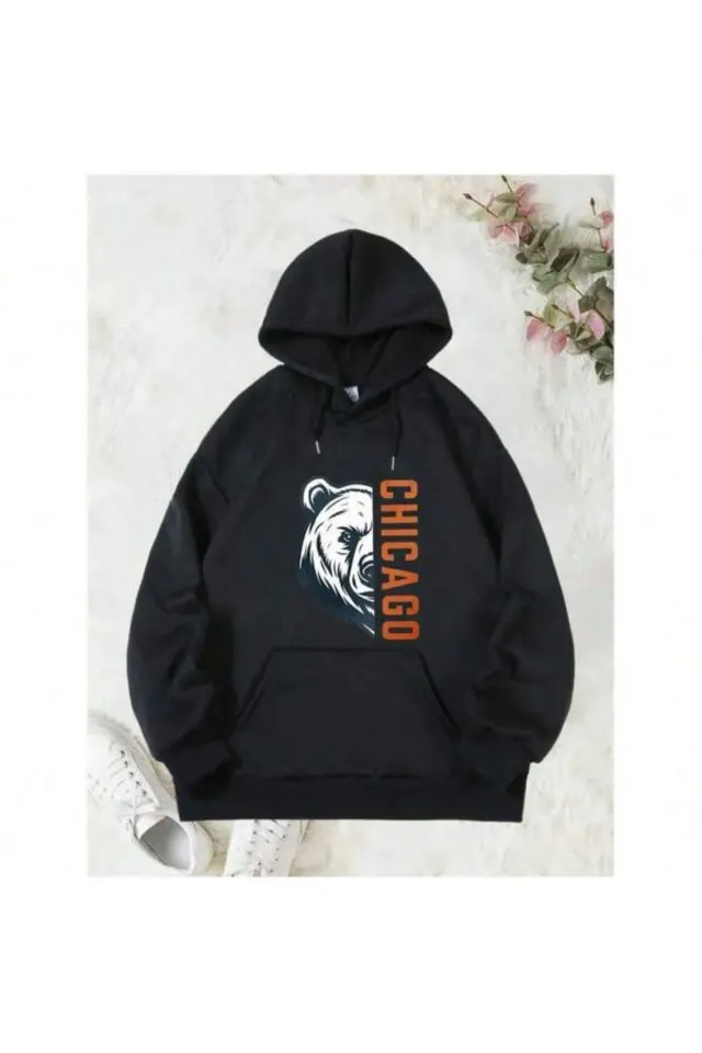 Chicago Bear Baskılı Unisex Hoodie - Siyah