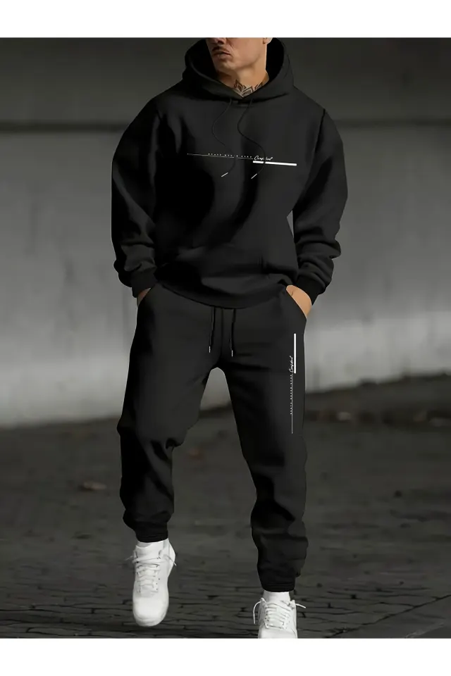 Asla Pes Etme Baskılı Erkek Oversize Hoodie & Jogger Eşofman Takım - Siyah