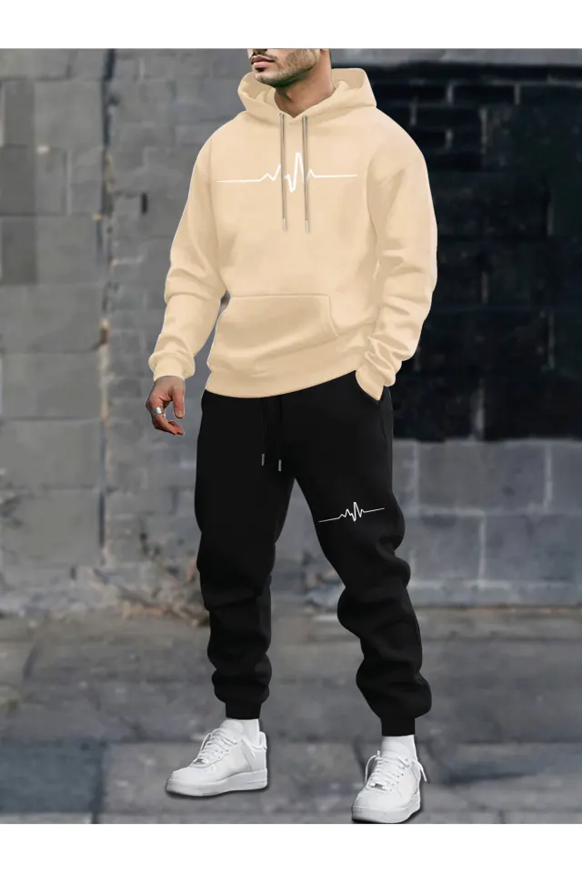 Unisex Oversize Kapüşonlu Hoodie & Jogger Eşofman Altı Takımı Nabız Desenli - Bej