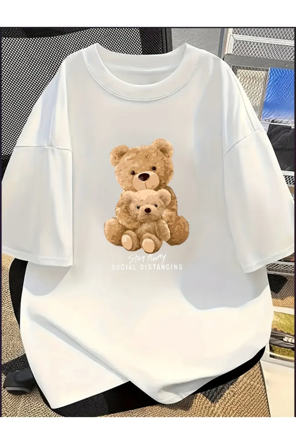 Bear Print Oversize Crew Neck T-Shirt - White