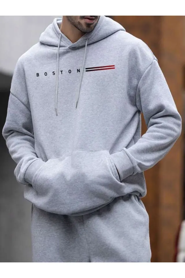 Boston Minimal Baskılı Unisex Kapüşonlu Sweatshirt - Gri