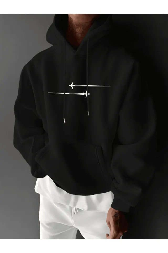 Unisex Oversize Kapüşonlu Sweatshirt Uçak Desenli - Siyah