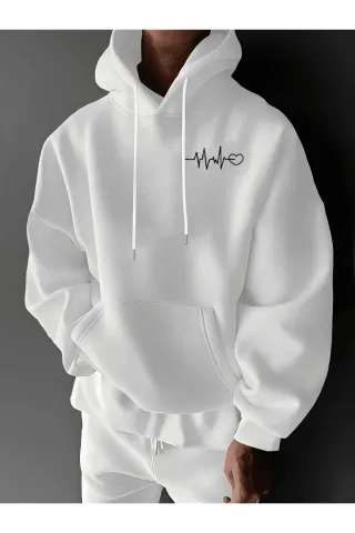 Unisex Oversize Hooded Sweatshirt with Heart Rhythm Pattern - White - image 1