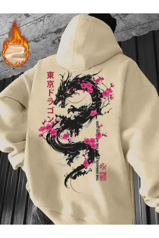 Tokyo Dragon Blossom Print Unisex Hoodie - Beige - image 1