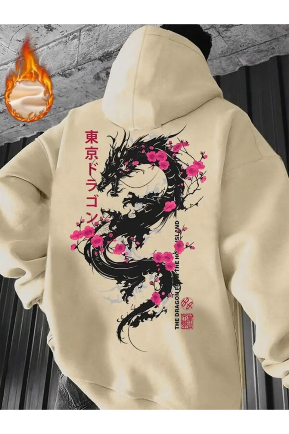 Tokyo Dragon Blossom Print Unisex Hoodie - Beige