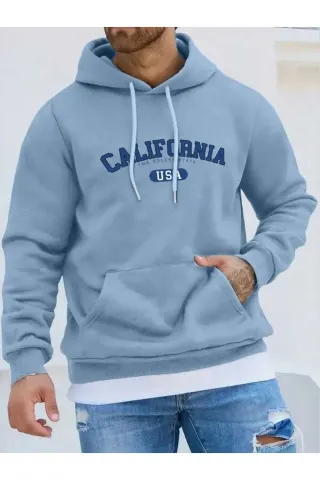 سويت شيرت بقبعة للجنسين بطبعة California USA - أزرق - الصورة 1