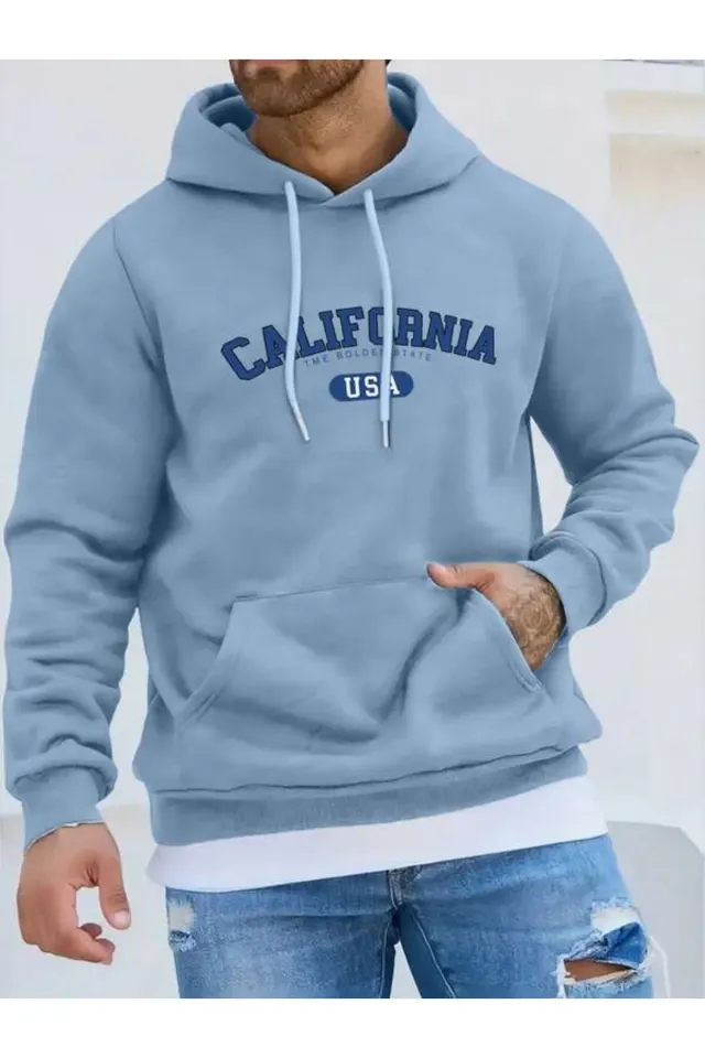 California USA Baskılı Unisex Kapüşonlu Sweatshirt - Mavi
