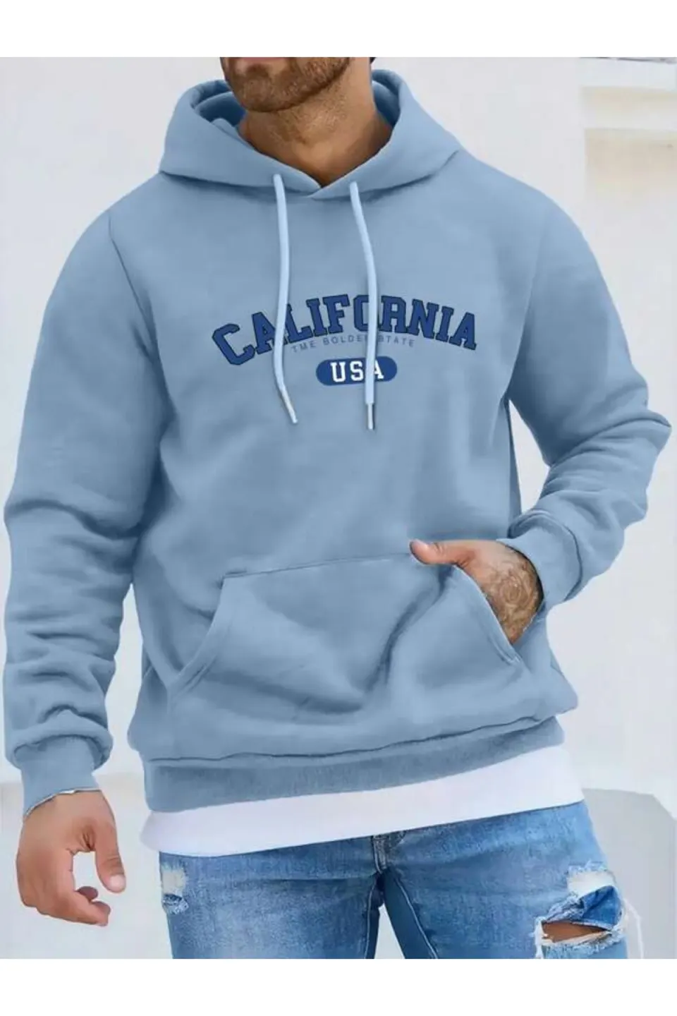 سويت شيرت بقبعة للجنسين بطبعة California USA - أزرق