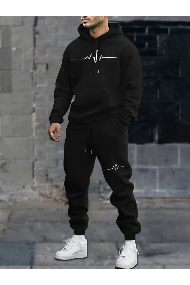 Unisex Oversize Kapüşonlu Hoodie & Jogger Eşofman Altı Takımı Nabız Desenli - Siyah