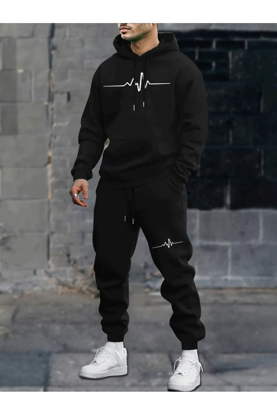 Unisex Oversize Kapüşonlu Hoodie & Jogger Eşofman Altı Takımı Nabız Desenli - Siyah