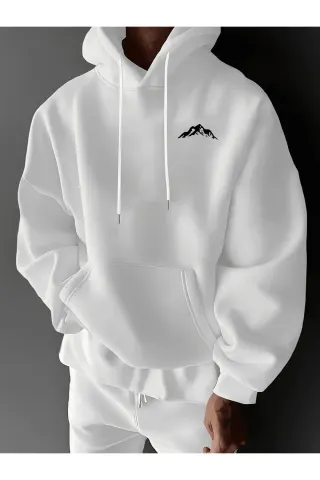 Unisex Oversize Kapüşonlu Sweatshirt Dağ Desenli - Beyaz - görsel 1
