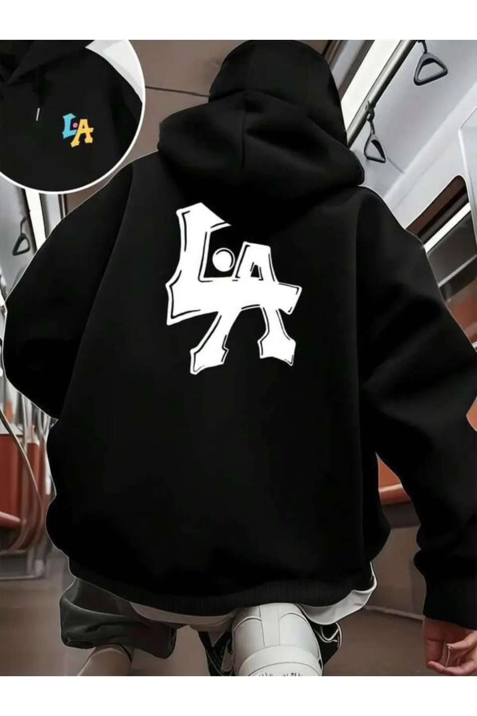LA Logo Print Unisex Hooded Sweatshirt - Black