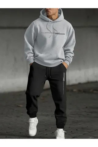 Asla Pes Etme Baskılı Erkek Oversize Hoodie & Jogger Eşofman Takım - Gri ve Siyah - görsel 1