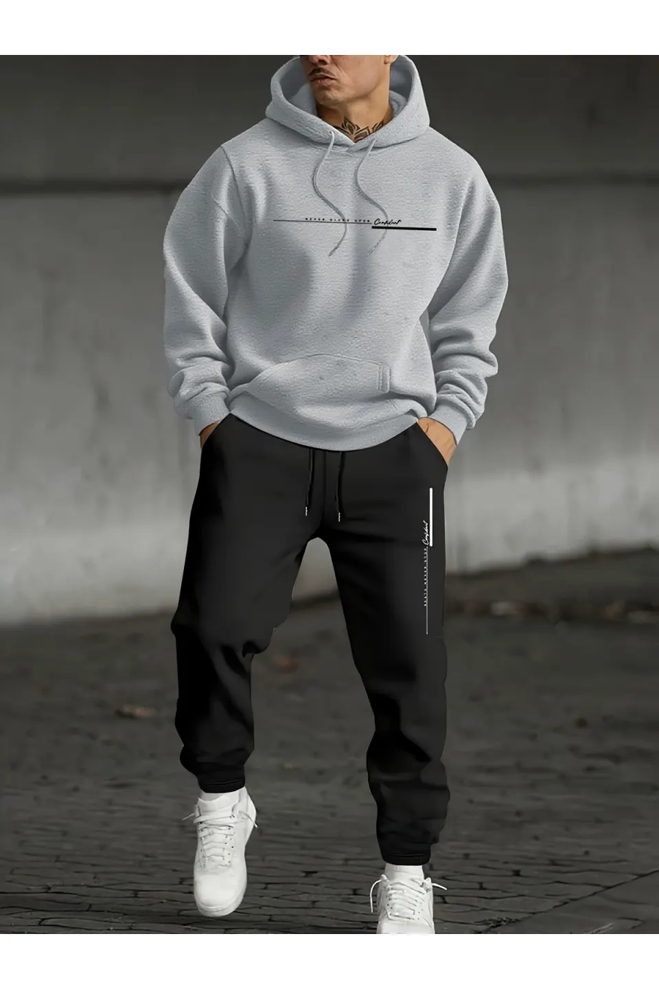 Asla Pes Etme Baskılı Erkek Oversize Hoodie & Jogger Eşofman Takım - Gri ve Siyah