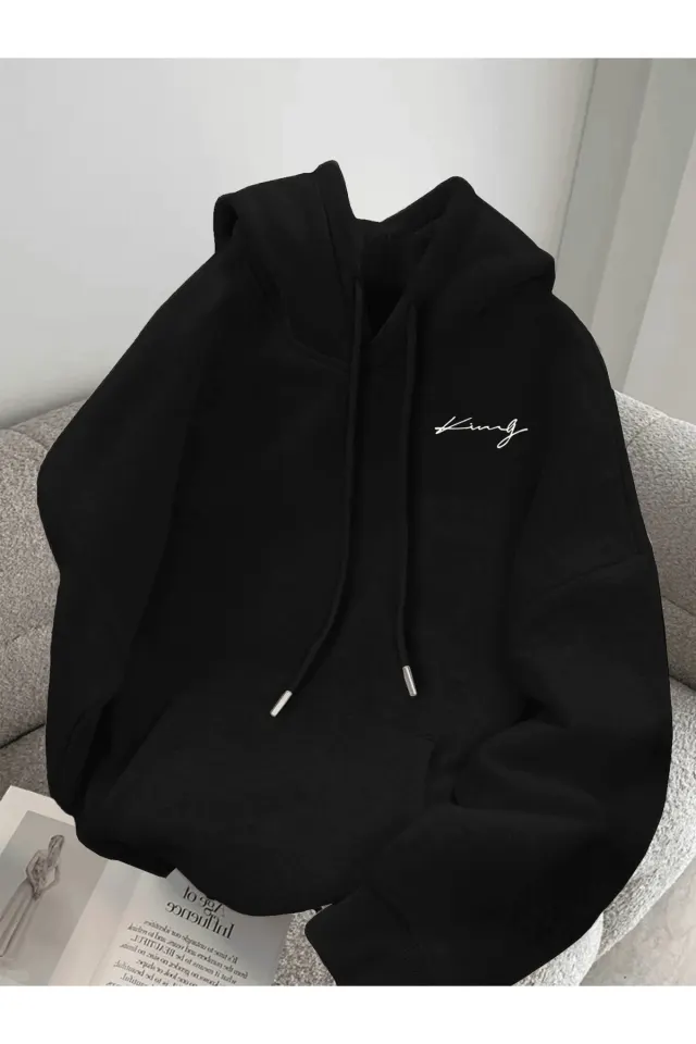 Unisex Oversize Kapüşonlu Sweatshirt King Yazılı - Siyah