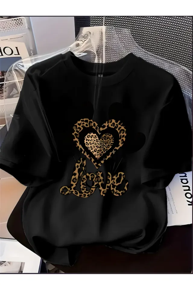 LOVE Baskılı Oversize Bisiklet Yaka T-Shirt - Siyah