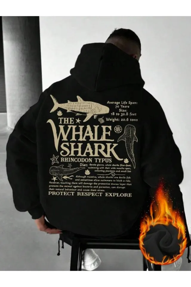 Whale Shark Baskılı Unisex Hoodie - Siyah