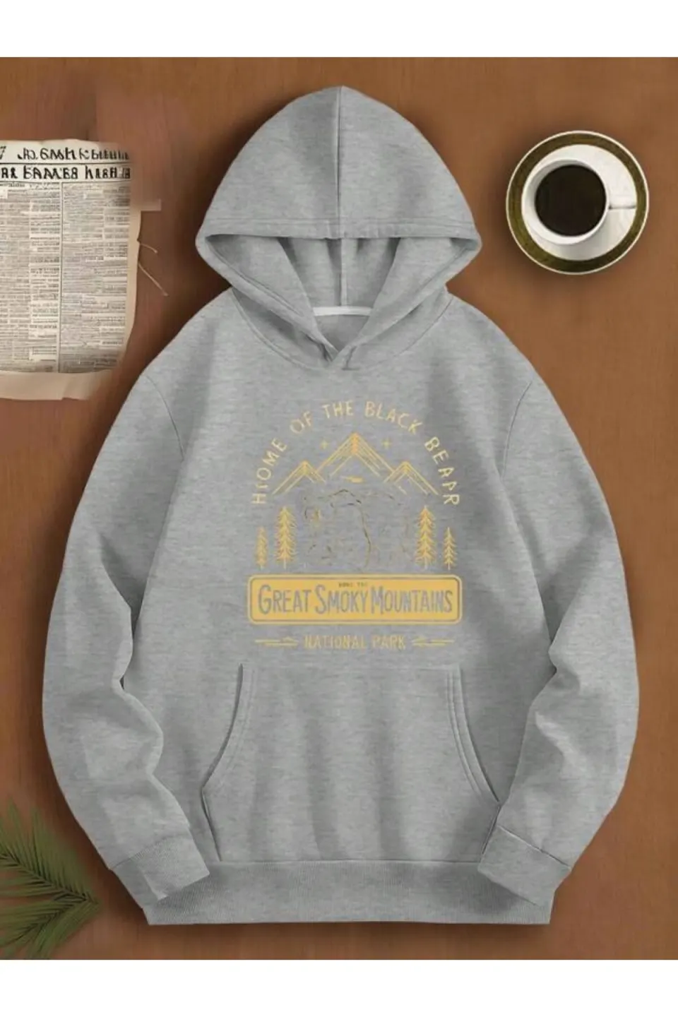 Great Smoky Mountains Bear Print Unisex Hooded Sweatshirt - Grey