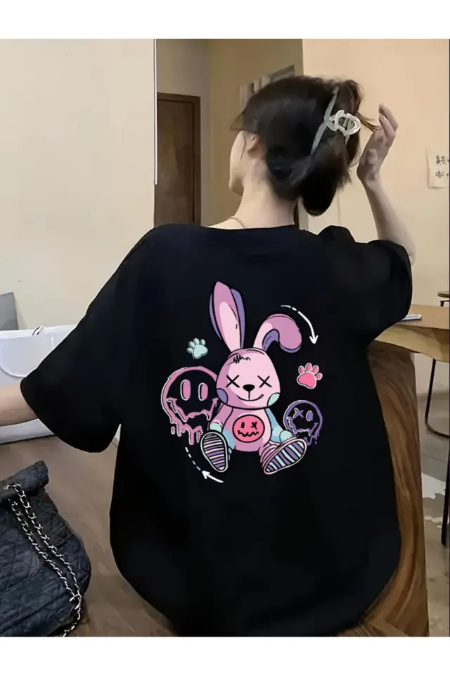 HAPPY Baskılı Oversize Bisiklet Yaka T-Shirt - Siyah