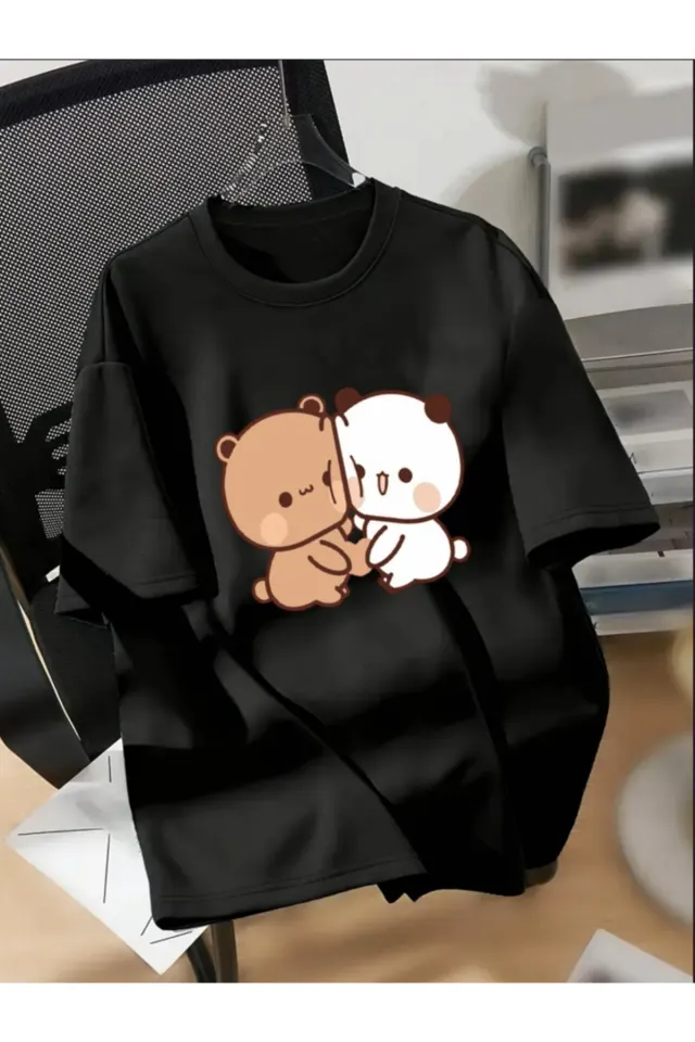 AYI Baskılı Oversize Bisiklet Yaka T-Shirt - Siyah