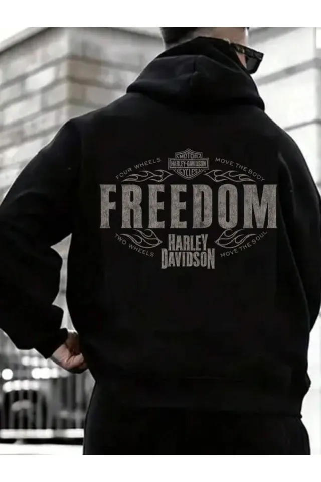 Freedom Yazı Baskılı Unisex Kapüşonlu Sweatshirt - Siyah