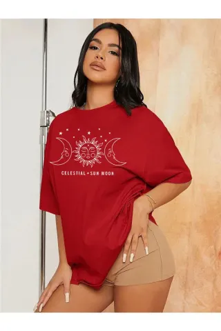 Oversize Tshirt Güneş Ay Baskılı - Kırmızı - görsel 2