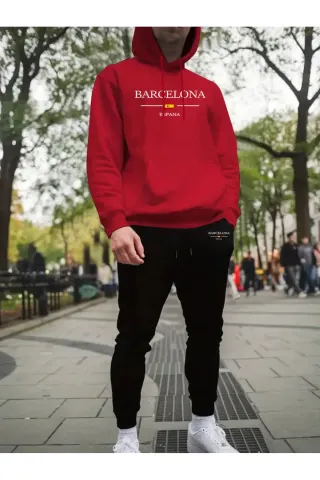 Unisex Barcelona España Kapüşonlu Sweatshirt + Jogger Eşofman Takımı - Kırmızı - görsel 2
