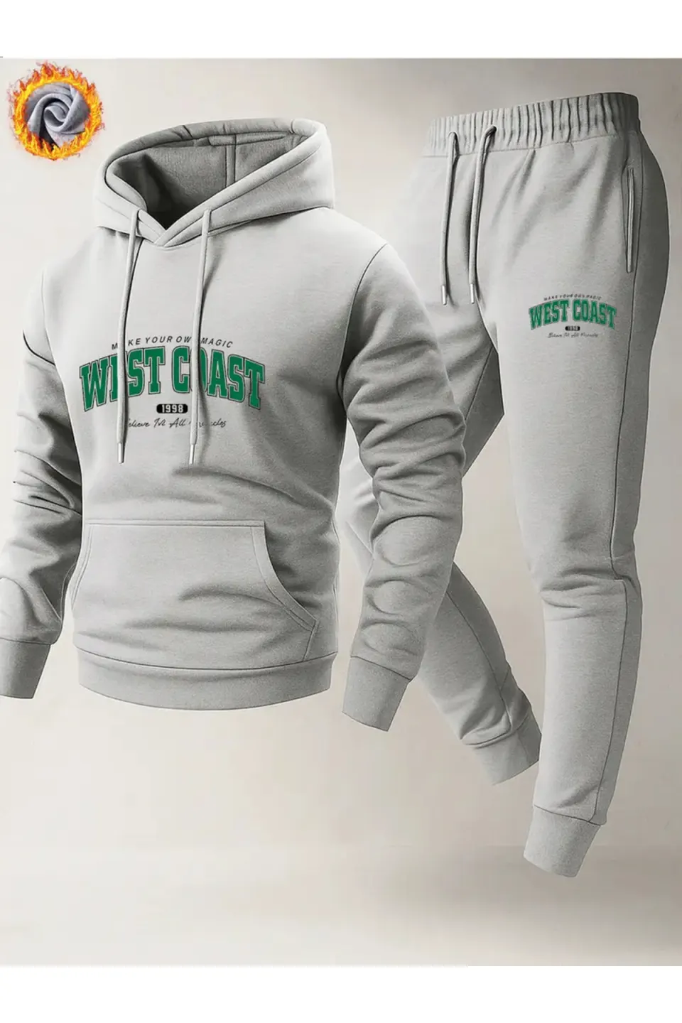 West Coast Print Fleece-Lined Unisex Tracksuit - Grey