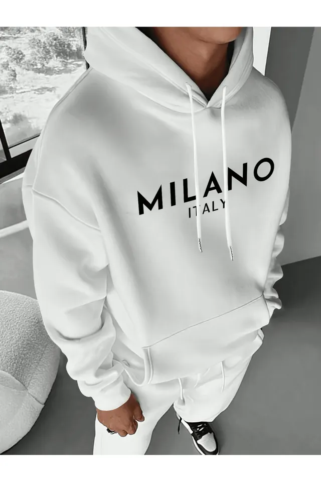 Unisex Oversize Kapüşonlu Sweatshirt Milano Italy Yazılı - Beyaz