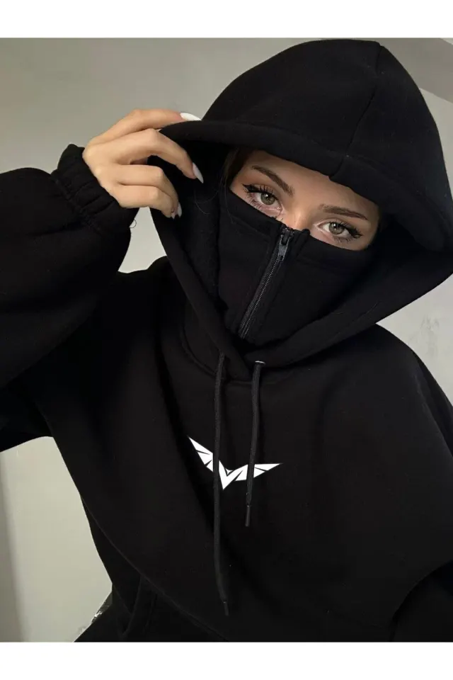 Baskılı Maskeli Dikay Kapüşonlu Sweatshirt Hoodie - Siyah