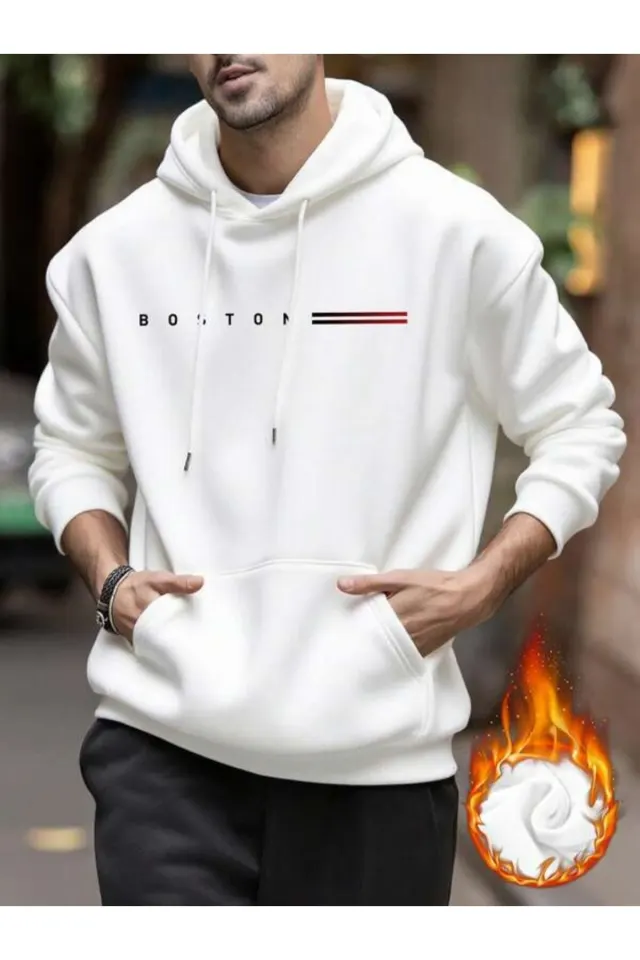 Boston Minimal Baskılı Unisex Kapüşonlu Sweatshirt - Beyaz