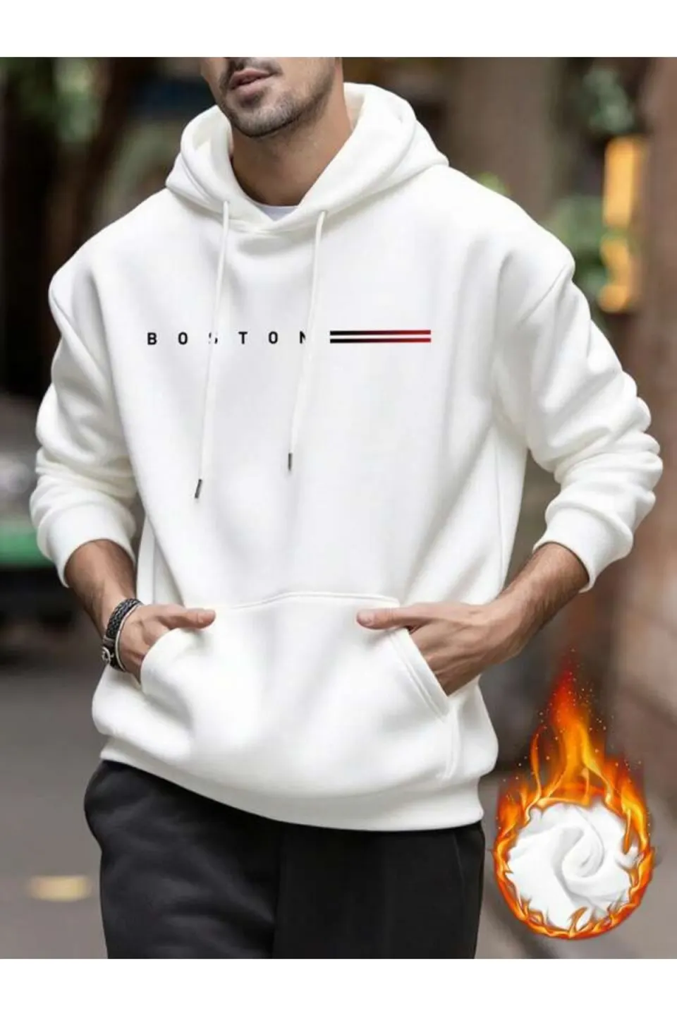 Boston Minimal Baskılı Unisex Kapüşonlu Sweatshirt - Beyaz